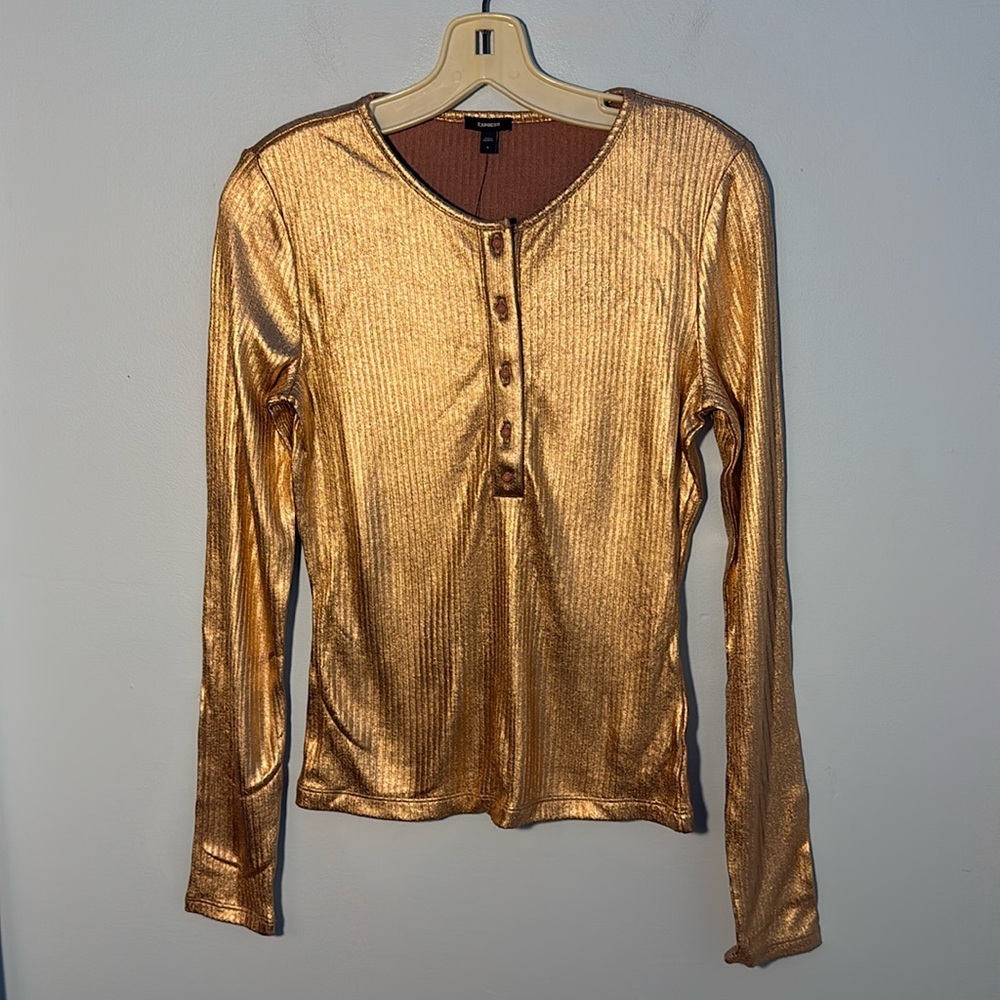 Express Long Sleeve Henley top, Metallic Gold
